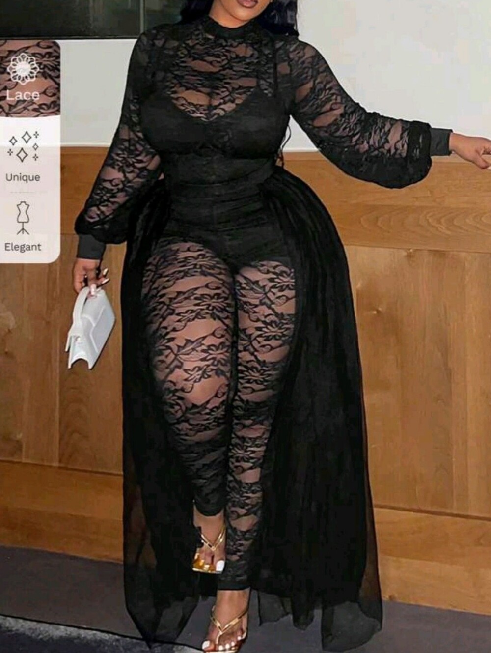 Sheer Lace Black 2pc Jumpsuit with Draped Skirt